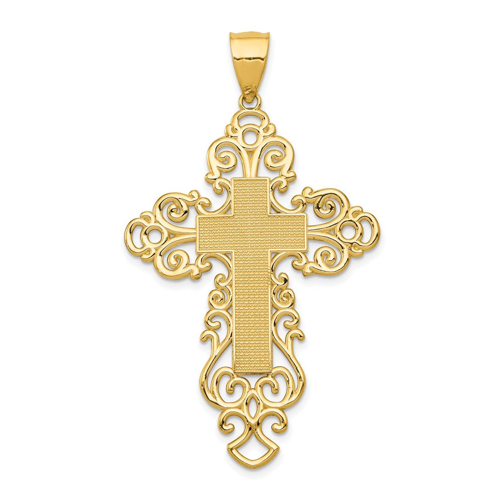14k Polished Large Fancy Filigree Cross Pendant, 51.2 x 30.5 mm