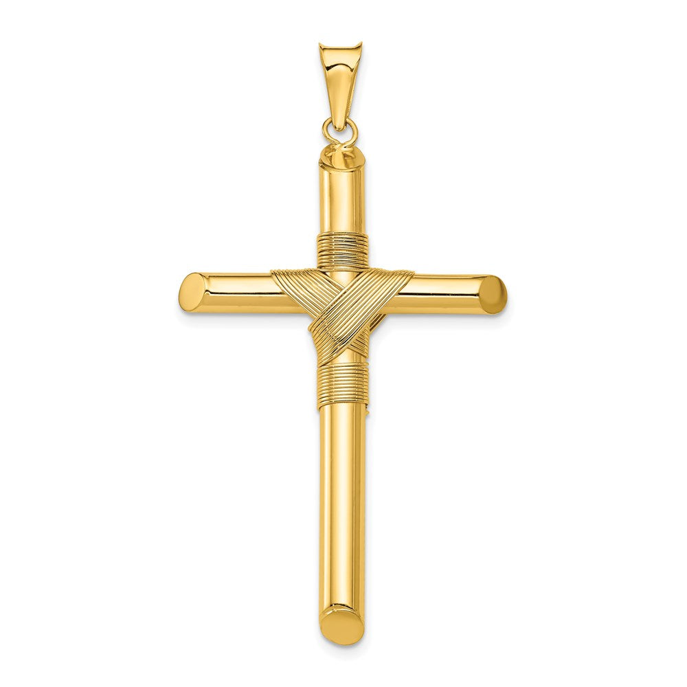 14K Polished with Center Wrap Tube Cross Pendant, 51.43 x 26.7 mm