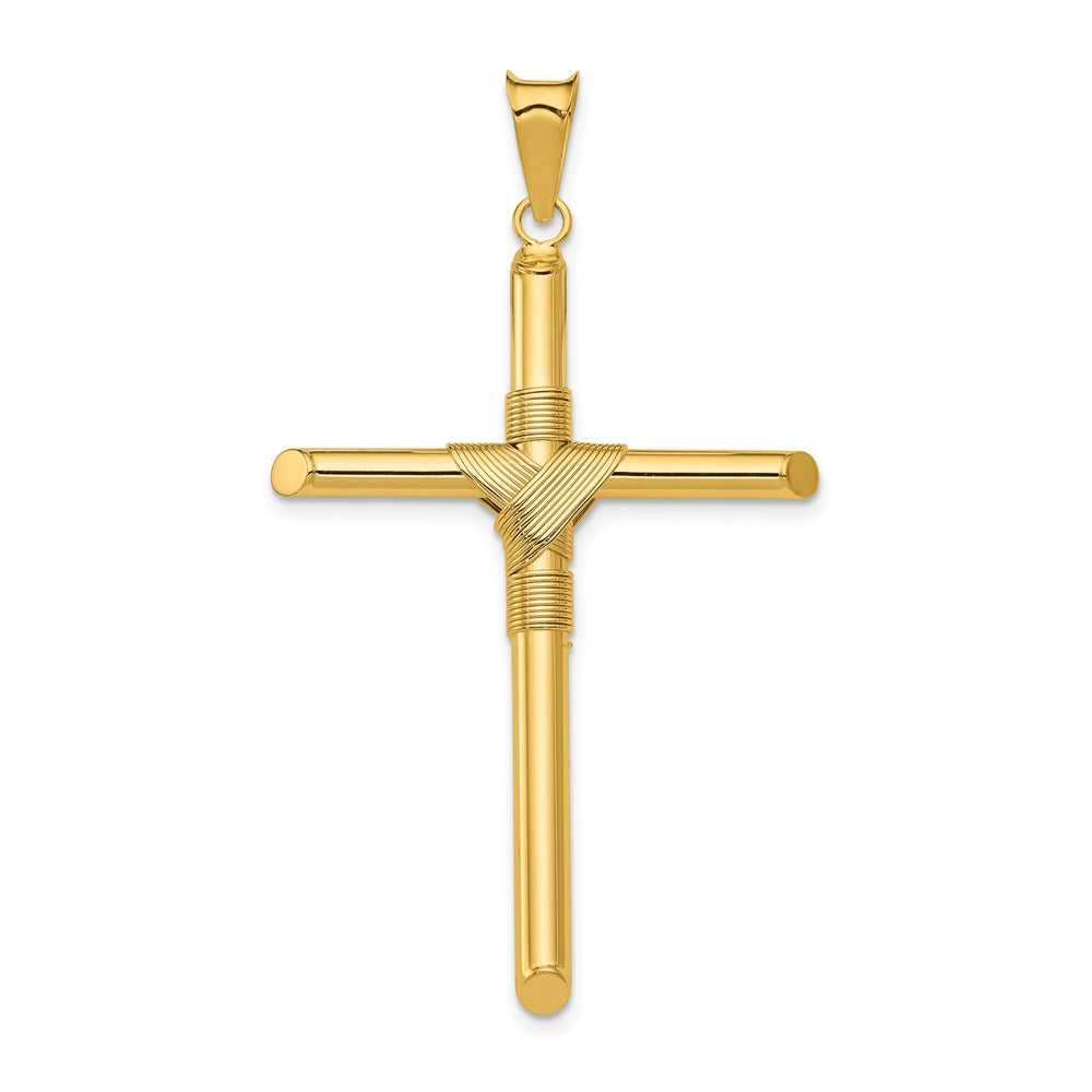 14K Polished with Center Wrap Tube Cross Pendant, 50.75 x 28.6 mm
