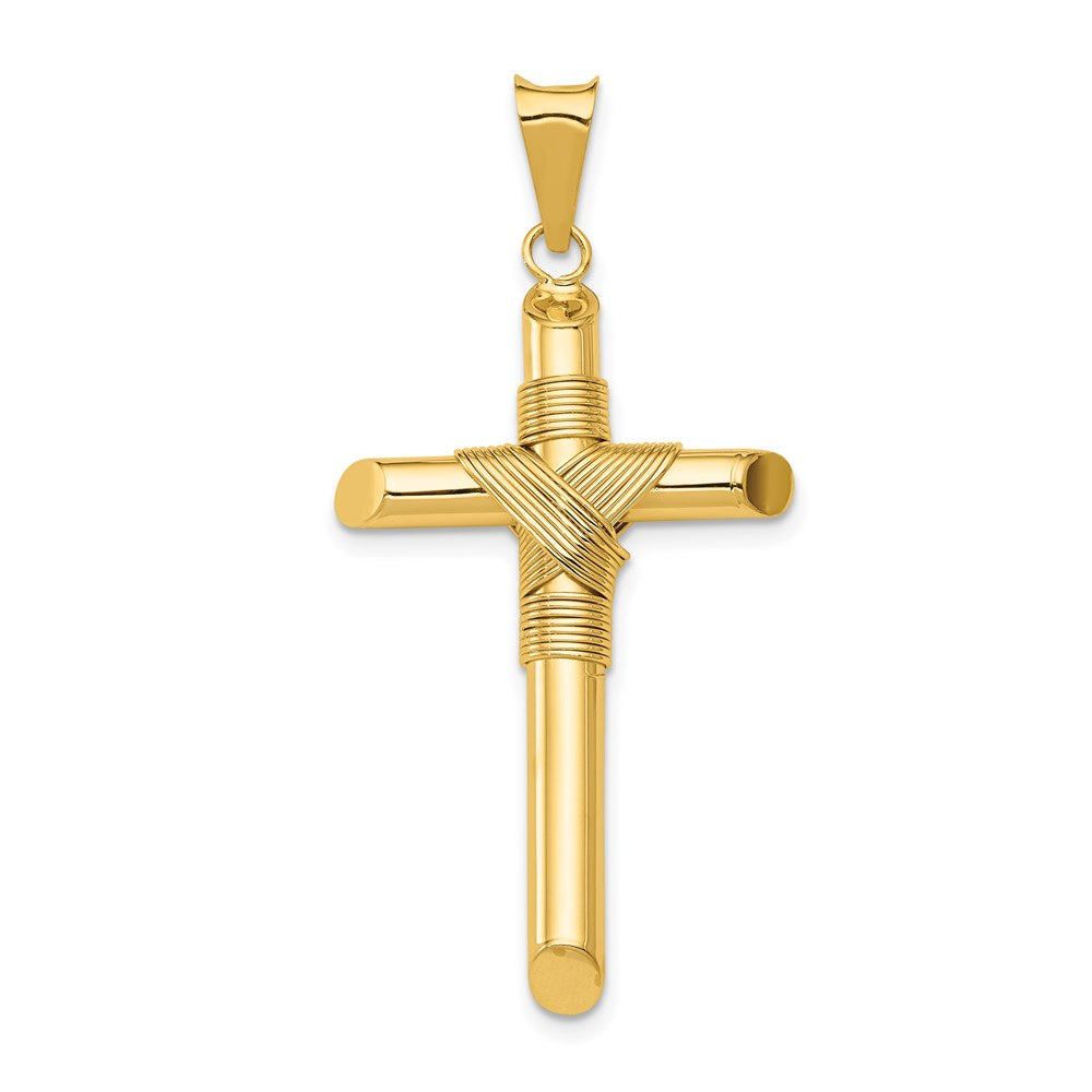 14K Polished with Center Wrap Tube Cross Pendant, 43.3 x 22.3 mm