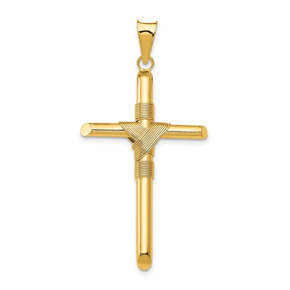 14K Polished with Center Wrap Tube Cross Pendant, 45.2 x 23.6 mm