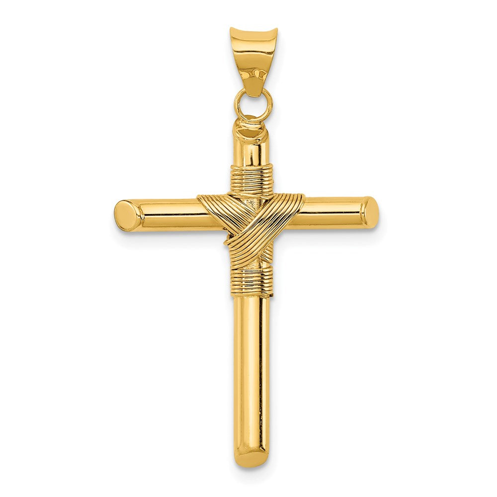 14K Polished with Center Wrap Tube Cross Pendant, 34.7 x 21.6 mm