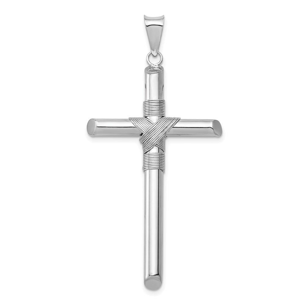14K White Gold with Center Wrap Tube Cross Pendant, 51.36 x 27.47 mm