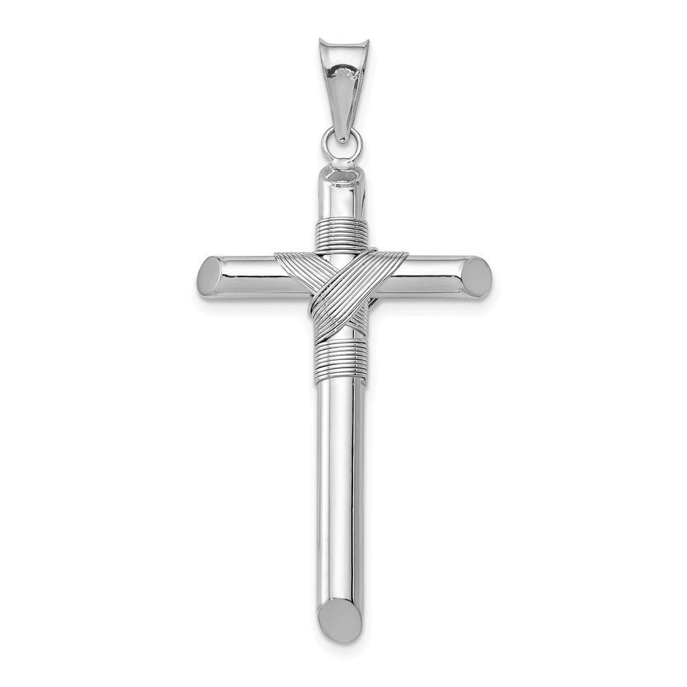 14K White Gold with Center Wrap Tube Cross Pendant, 42.76 x 22.53 mm