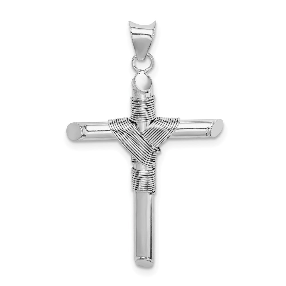14K White Gold with Center Wrap Tube Cross Pendant, 35.7 x 21.6 mm