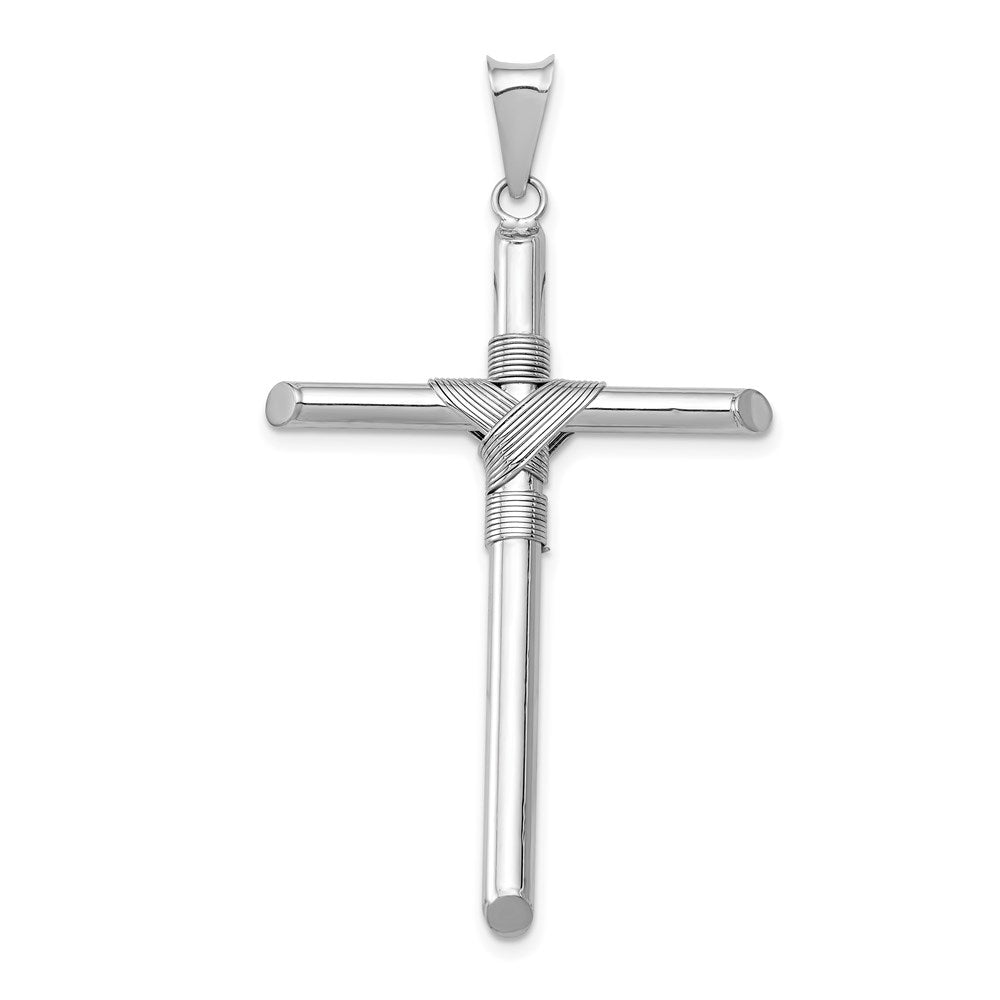 14K White Gold with Center Wrap Tube Cross Pendant, 49.32 x 28.88 mm