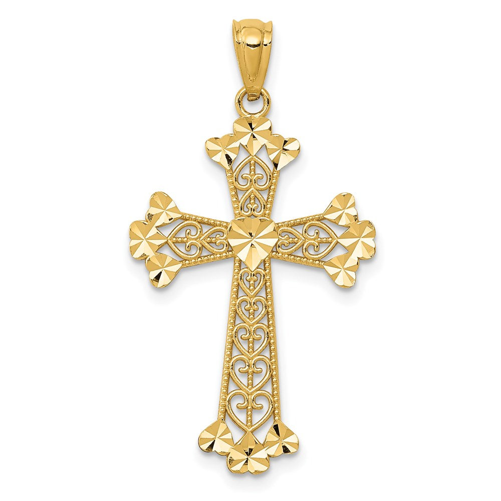 14k Diamond-cut Polished Filigree Hearts Cross Pendant, 32 x 17.76 mm