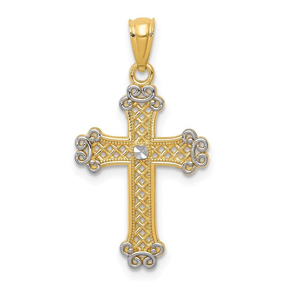 14k with White Rhodium Diamond-cut Filigree Cross Pendant, 27.11 x 14.72 mm