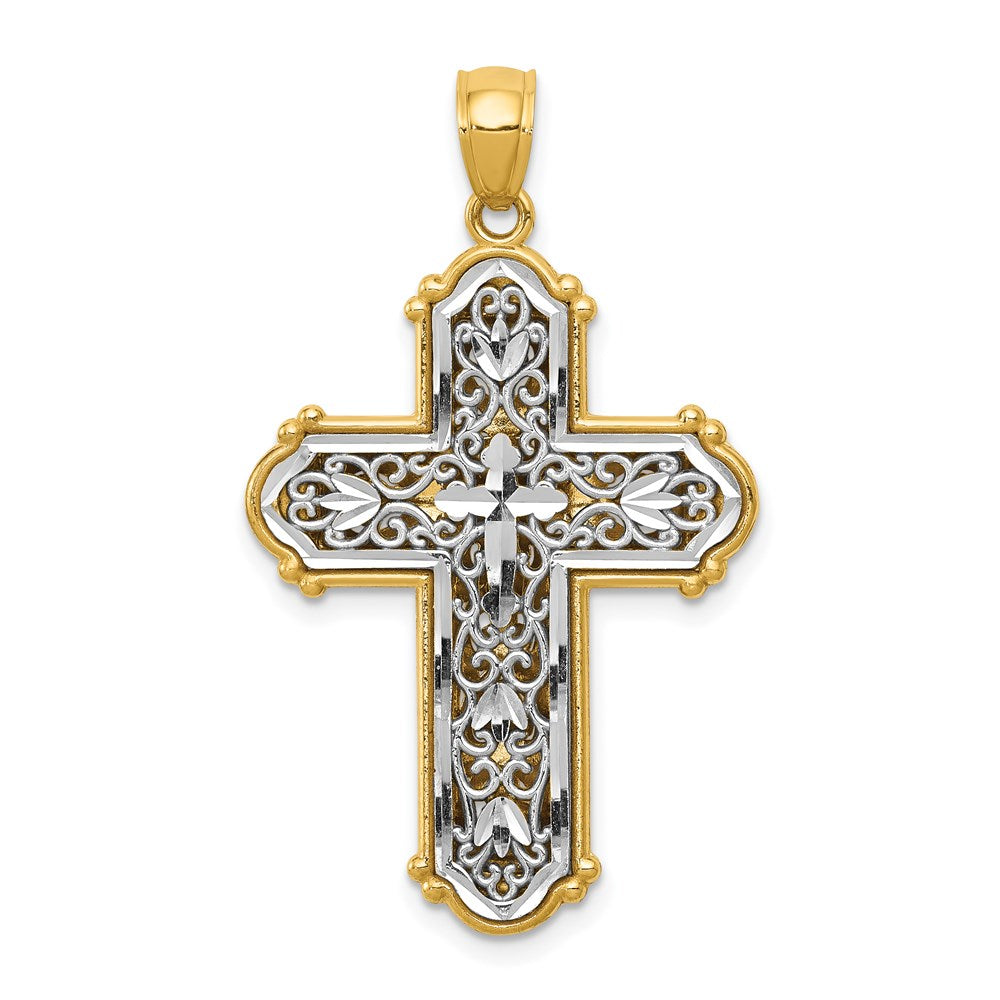 14k and White Rhodium Reversible Diamond-cut Filigree Cross Pendant, 37.9 mm
