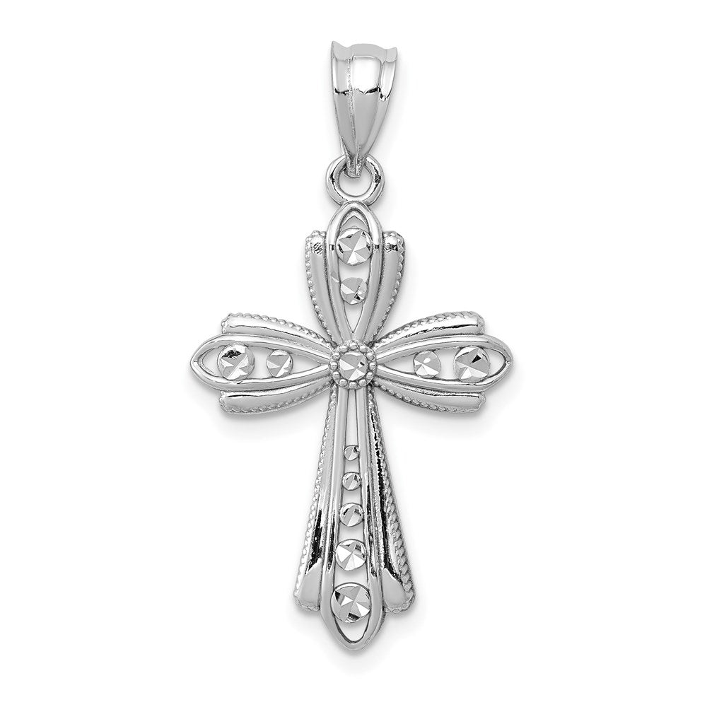14k White Gold Polished Diamond-cut Fancy Cross Pendant, 31.63 x 17.19 mm