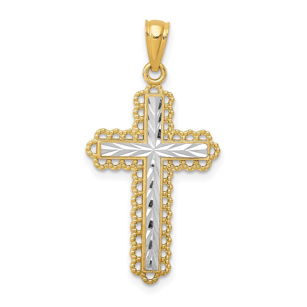 14k with White Rhodium Diamond-cut Budded Cross Pendant, 29.46 x 15.44 mm