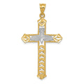 14K and White Rhodium Polished Diamond-Cut Dove Cross Pendant, 44.09 x 24.02 mm