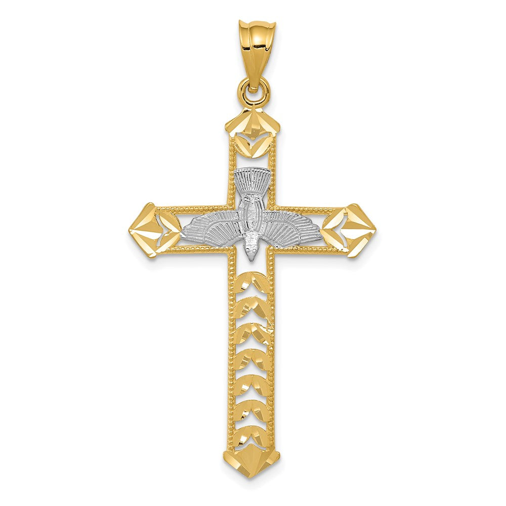 14K and White Rhodium Polished Diamond-Cut Dove Cross Pendant, 44.09 x 24.02 mm