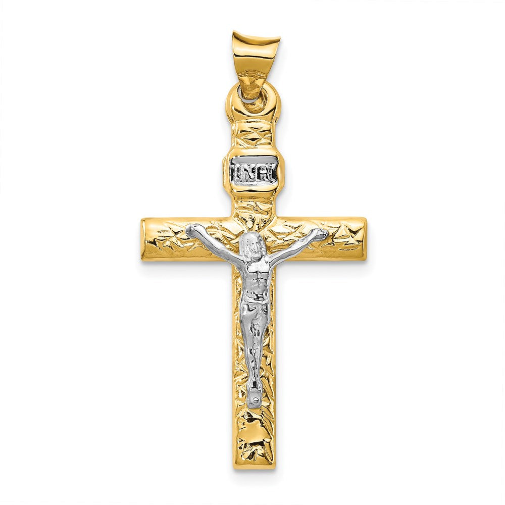 14k Two-Tone and White Rhodium INRI Crucifix Pendant, 34 x 18 mm