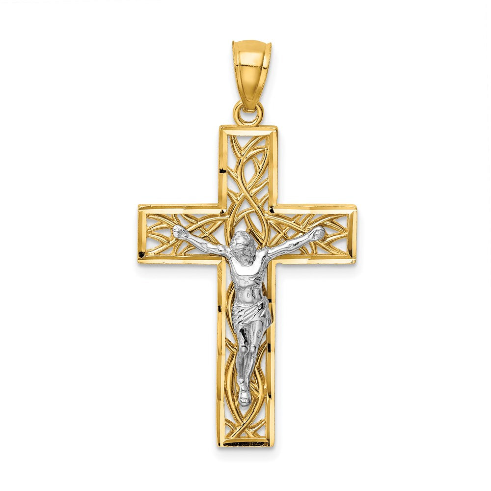 14K Two-Tone Satin Polished Diamond-cut Crucifix with Vines Pendant, 37 x 20 mm