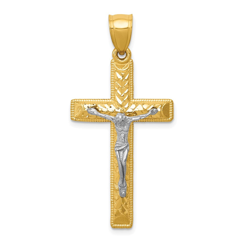 14k Two-tone Diamond Cut Crucifix Pendant, 41 x 20 mm