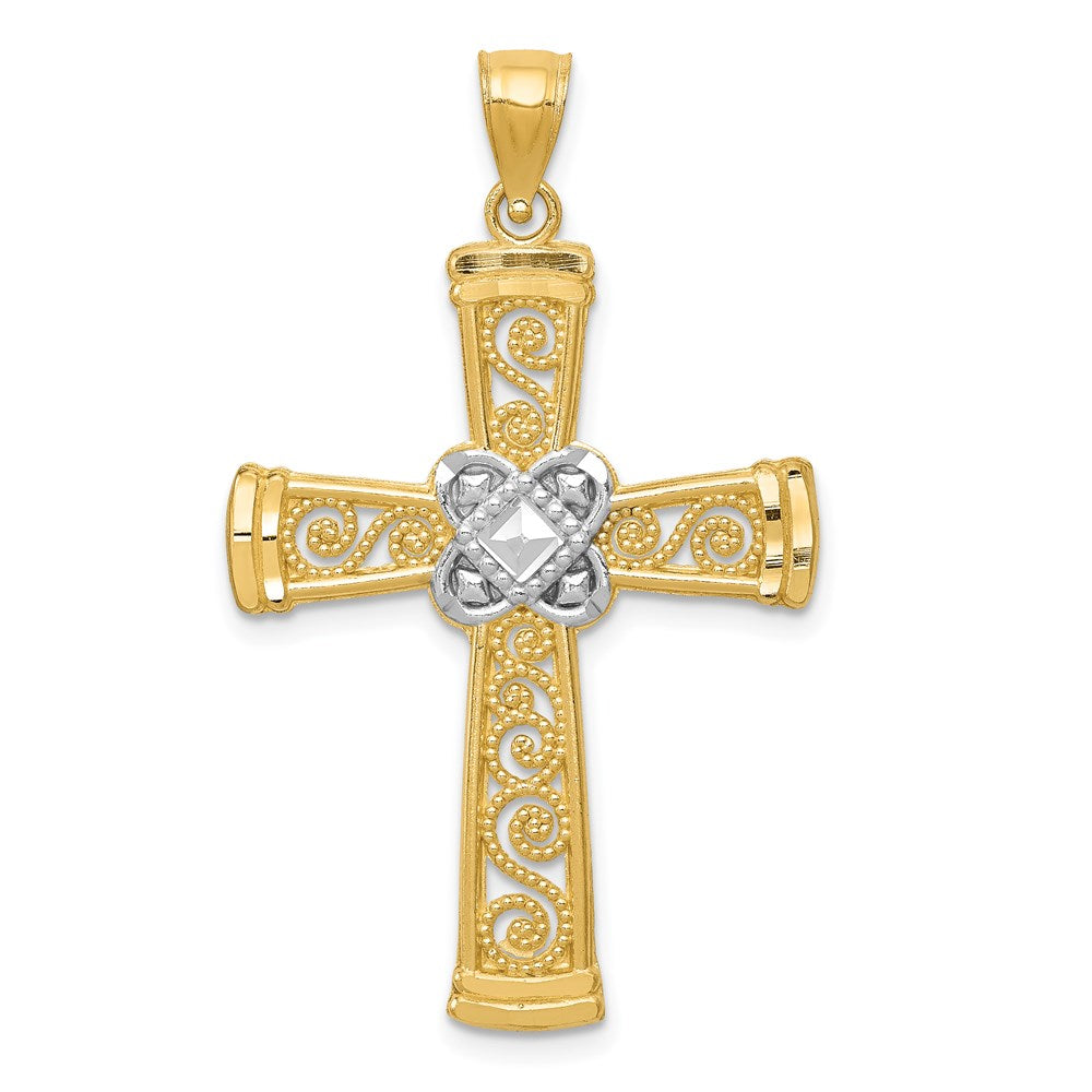 14k and White Rhodium Diamond-cut Filigree Cross Pendant, 39 x 23 mm