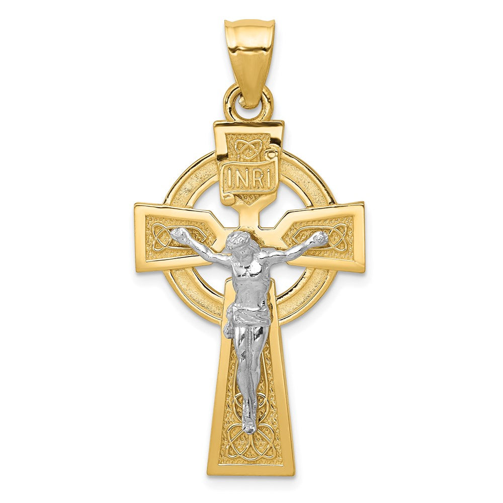 14k Two-tone Polished Celtic INRI Crucifix Pendant, 35 x 22 mm