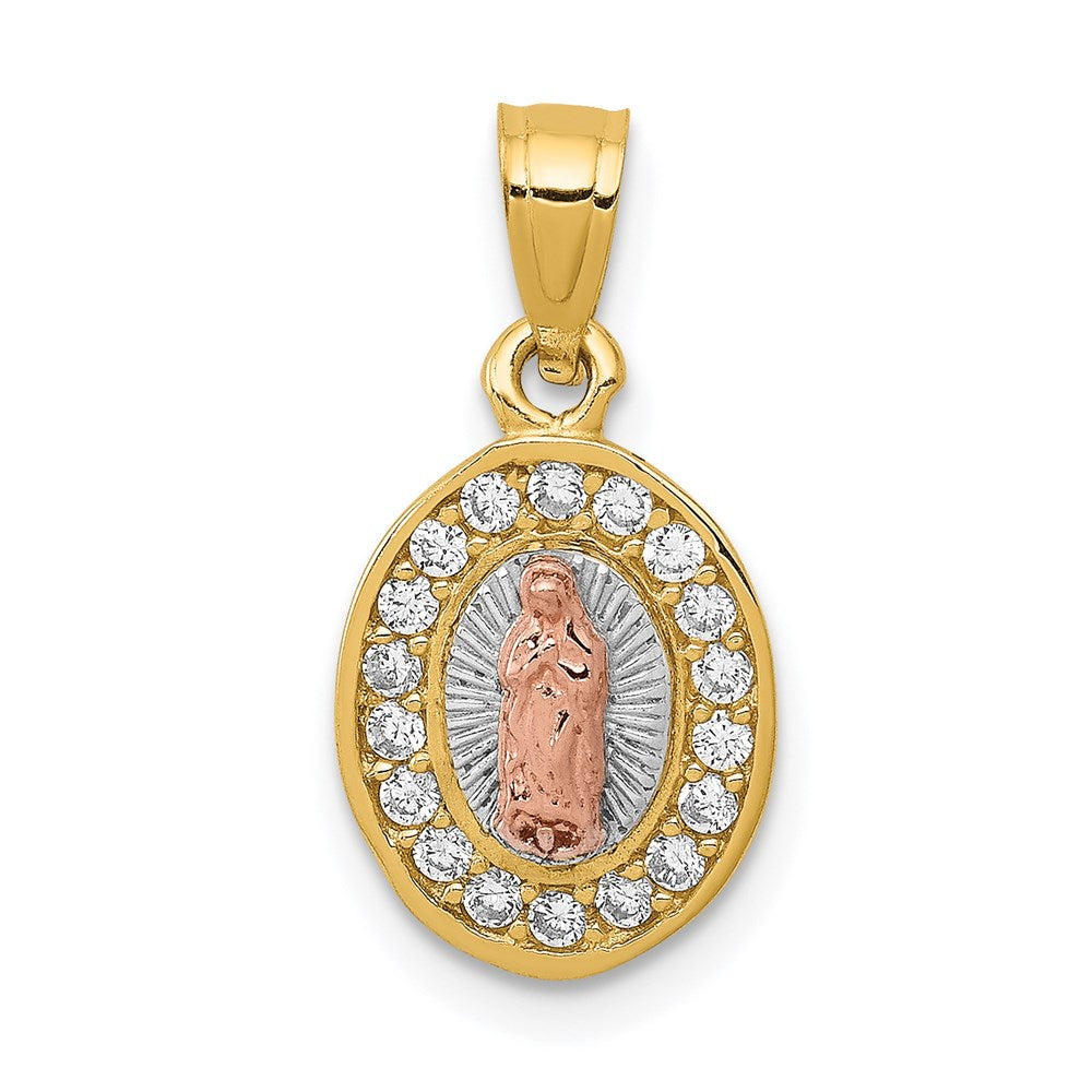 14K Two-Tone with White Rhodium Diamond-cut CZ Our Lady of Guadalupe Oval Pendant, 19.25 x 9.8 mm