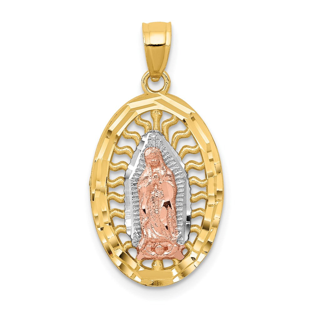 14K Two-tone with White Rhodium Diamond-cut Our Lady of Guadalupe Oval Charm, 26.25 x 13.3 mm