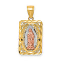 14k Two-tone with White Rhodium Diamond-cut Our Lady of Guadalupe Rectangular Pendant, 26 x 12.8 mm