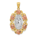 14K Two-Tone with White Rhodium Our Lady Of Guadalupe with Flowers Oval Pendant, 35.5 x 19.4 mm