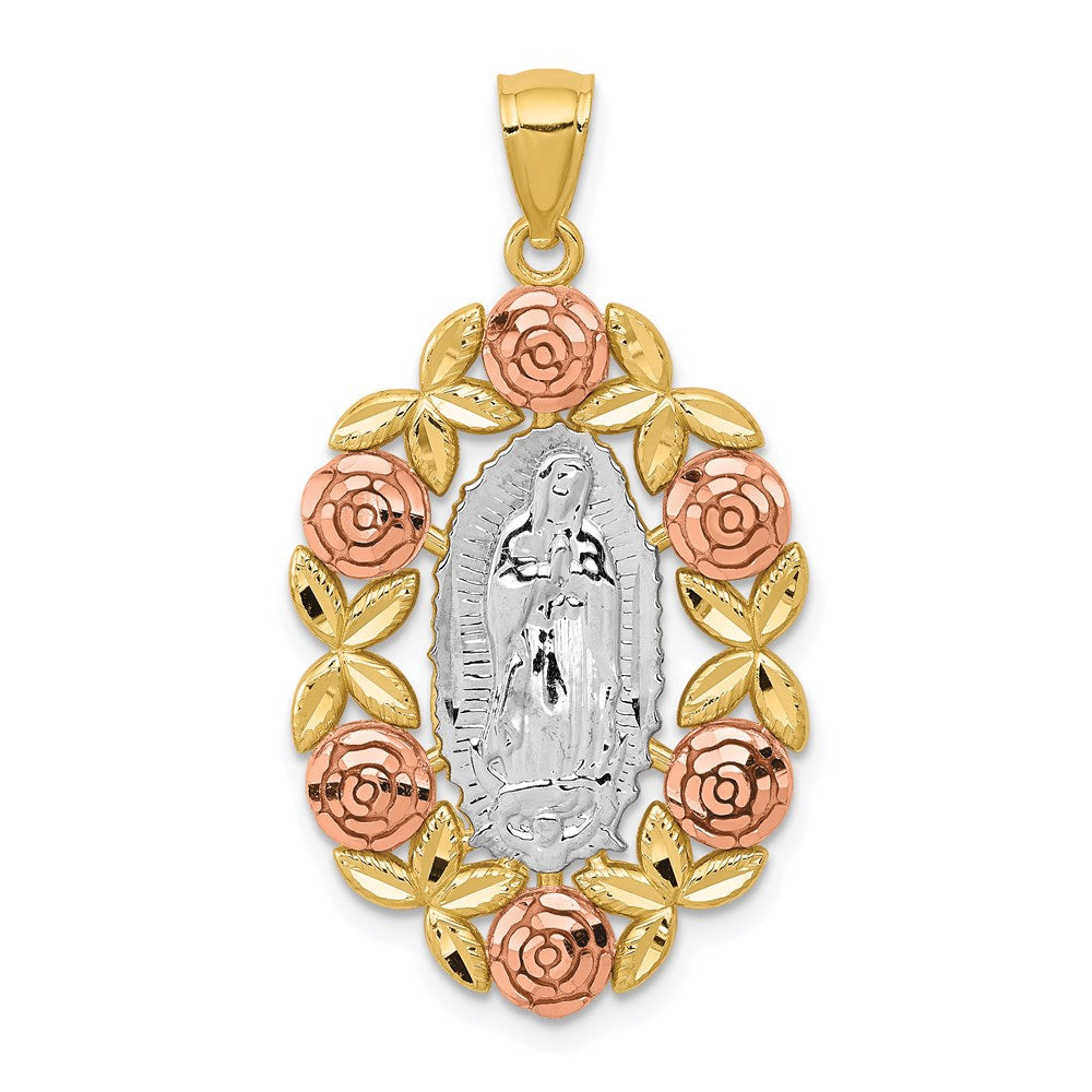 14K Two-Tone with White Rhodium Our Lady Of Guadalupe with Flowers Oval Pendant, 35.5 x 19.4 mm