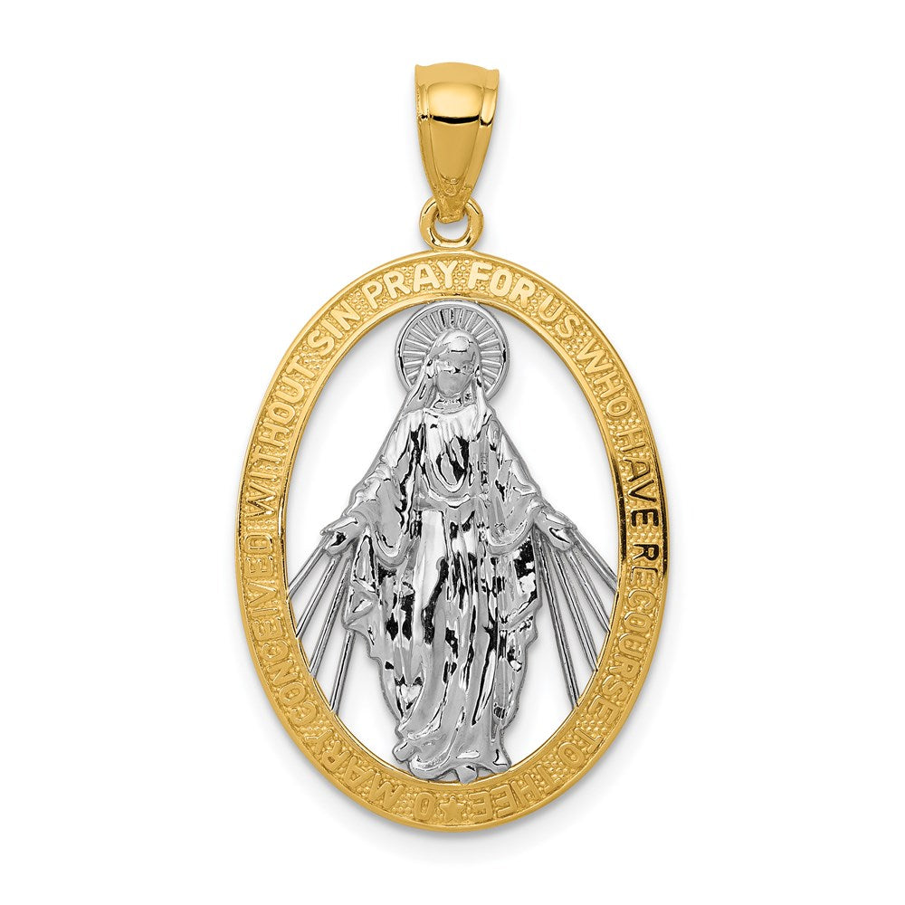 14K and White Rhodium Polished Cut-out Miraculous Medal Oval Pendant, 32.5 x 19 mm