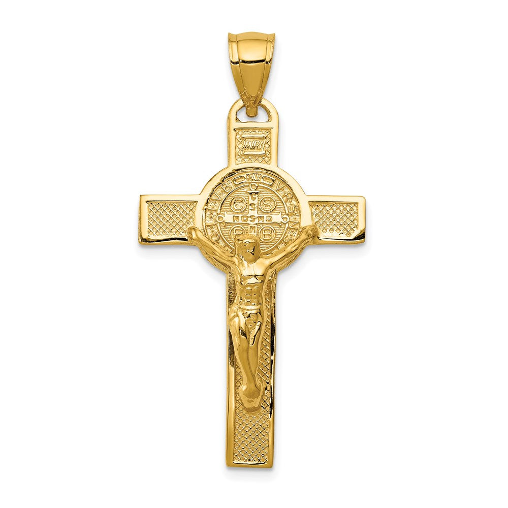 14k Polished San Benito Solid 2-Sided Crucifix Pendant, 42.75 x 22.3 mm