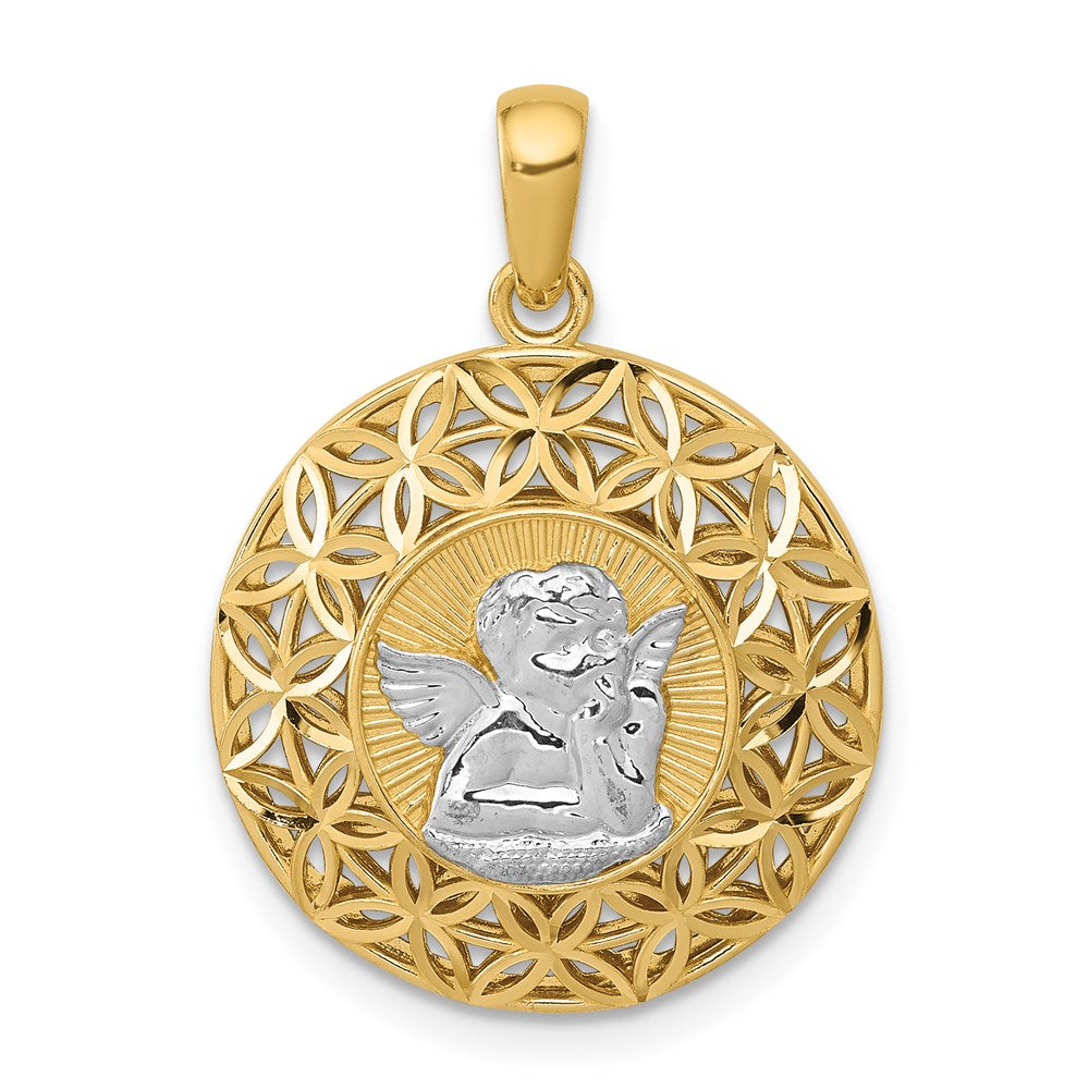 14k and White Rhodium Polished Filigree Guardian Angel Pendant, 25.16 mm