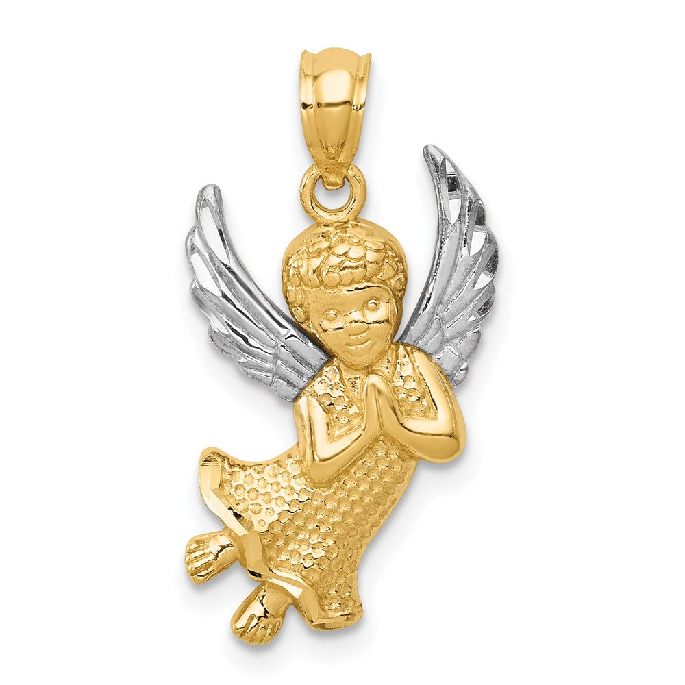 14k and White Rhodium Diamond-cut Praying Angel Pendant, 25.5 mm