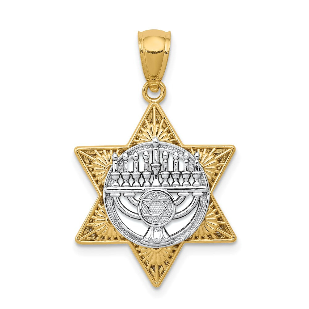 14K Two-Tone Fancy Star Of David and Menorah Pendant, 26.85 x 17.48 mm