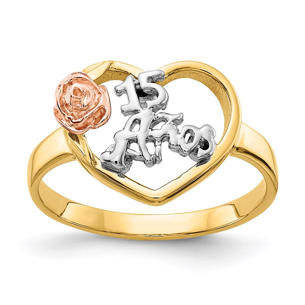 14k Tri-Color Quinceanera 15 ANOS in Heart with Flower Ring, Size 7