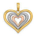 14k Two-tone with White Rhodium Textured and Polished Triple Hearts Charm, 24.5 x 22.35 mm