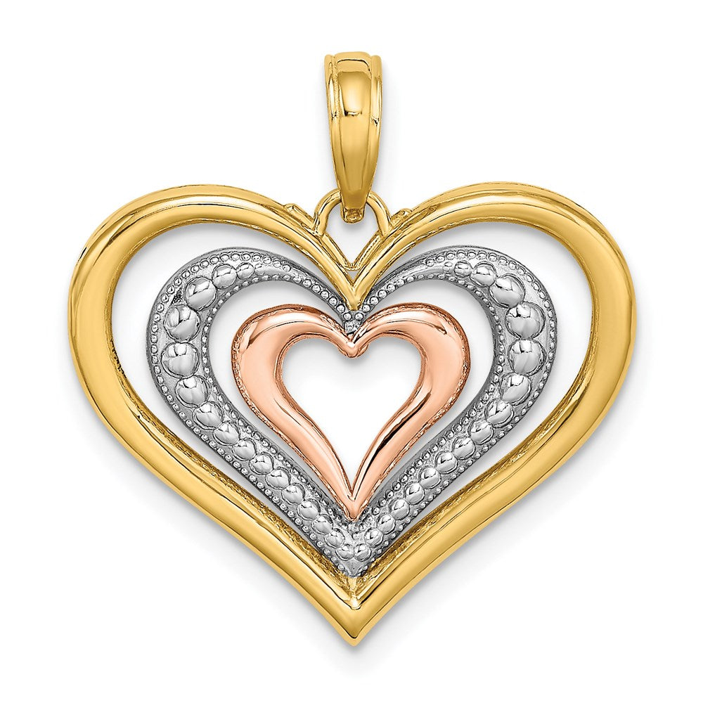 14k Two-tone with White Rhodium Textured and Polished Triple Hearts Charm, 24.5 x 22.35 mm