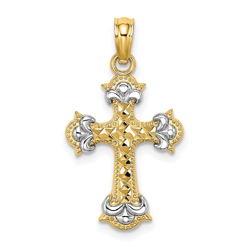 14K with Rhodium Diamond-cut Fleur-De-Lis Cross Charm, 18.6 mm