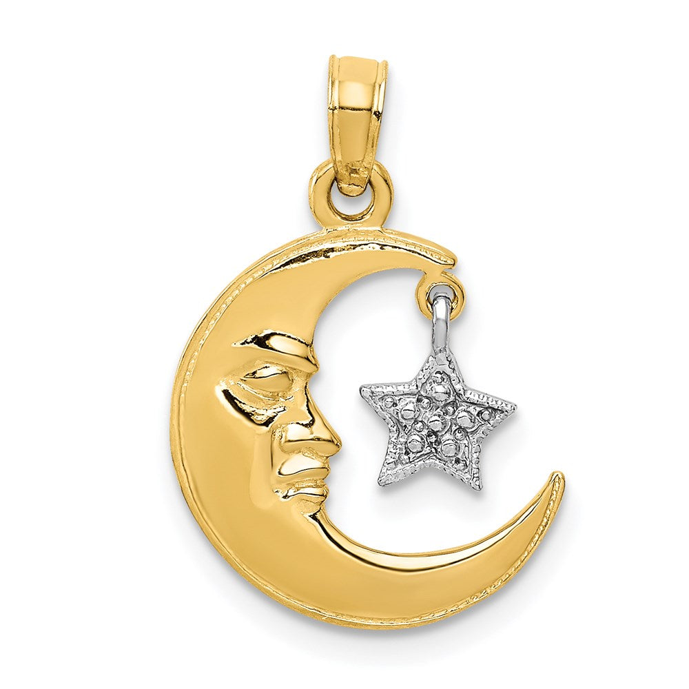 14k Two-Tone Polished Half Moon and Dangle Star Pendant, 22 x 14 mm