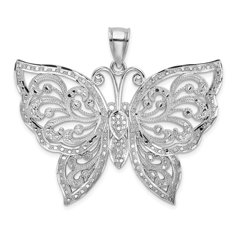 14K White Gold Large Diamond-cut Beaded Butterfly Pendant, 39.8 x 42.05 mm
