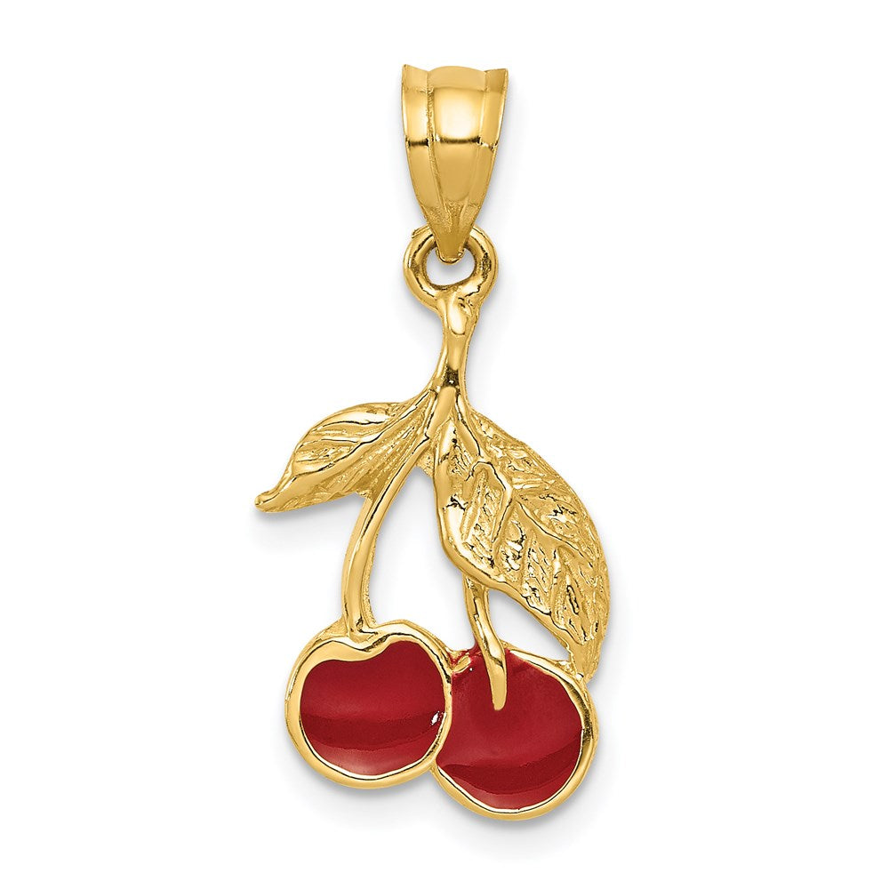 14k Polished Red Enameled Cherries Pendant, 26 x 12 mm