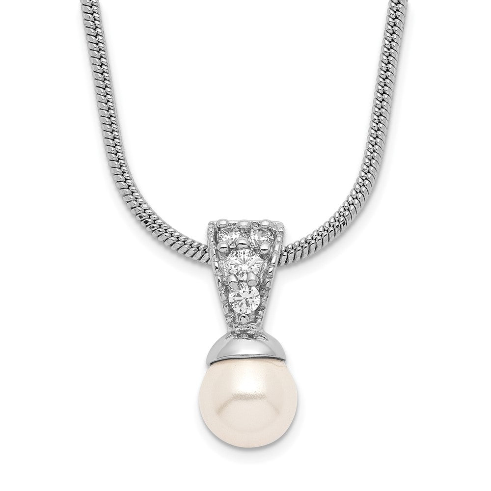 Kelly Waters Rhodium-plated White Simulated Pearl CZ Necklace, 18 x 6.15 mm