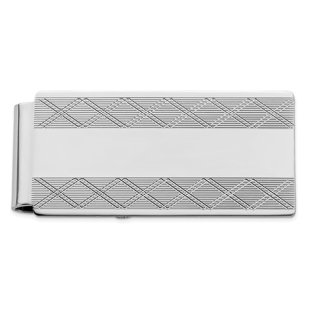 Rhodium-plated Kelly Waters Hinged Money Clip with X-pattern Sides