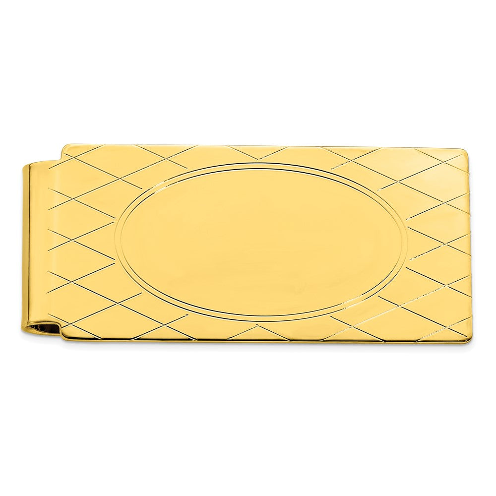 Gold-plated Kelly Waters Hinged Money Clip with Crosshatch and Engravable Oval Center