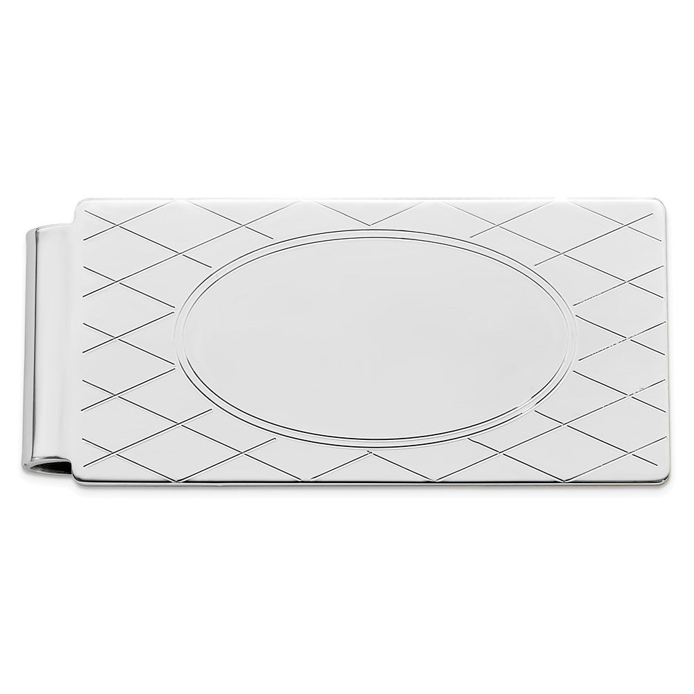 Rhodium-plated Kelly Waters Hinged Money Clip with Crosshatch and Engravable Oval Center