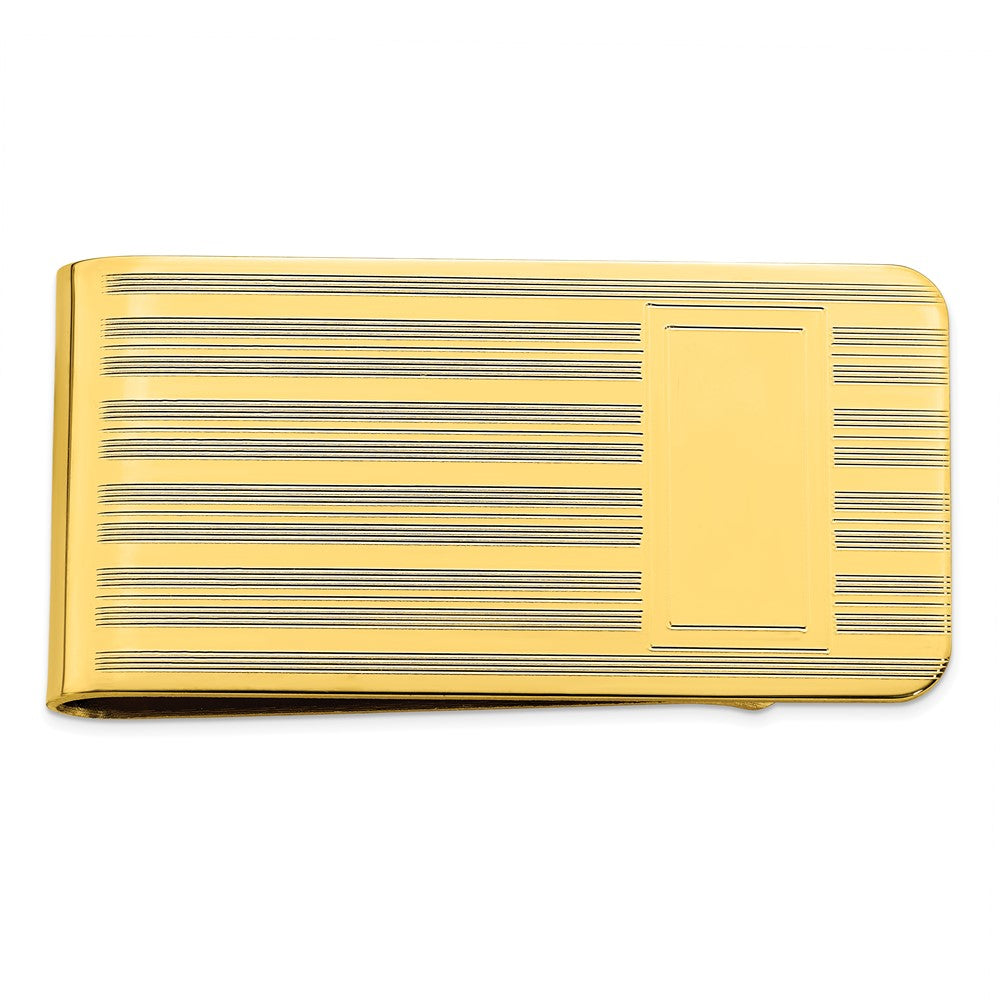 Gold-plated Kelly Waters Money Clip with Lines and Engravable Rectangle