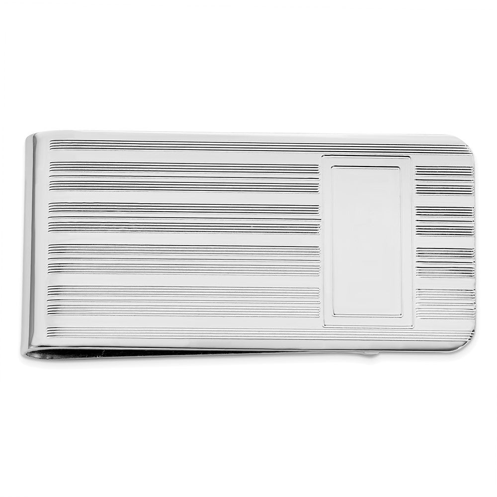 Rhodium-plated Kelly Waters Money Clip with Lines and Engravable Rectangle