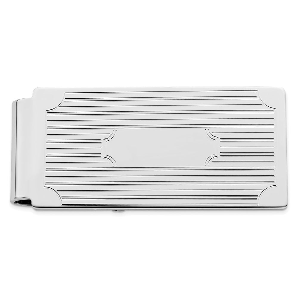 Rhodium-plated Kelly Waters Hinged Money Clip with Lines and Cut Corners