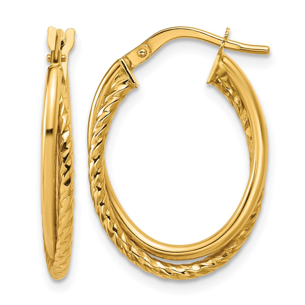14K Gold Polished Textured Oval Hoop Earrings, 23 x 3.75 mm