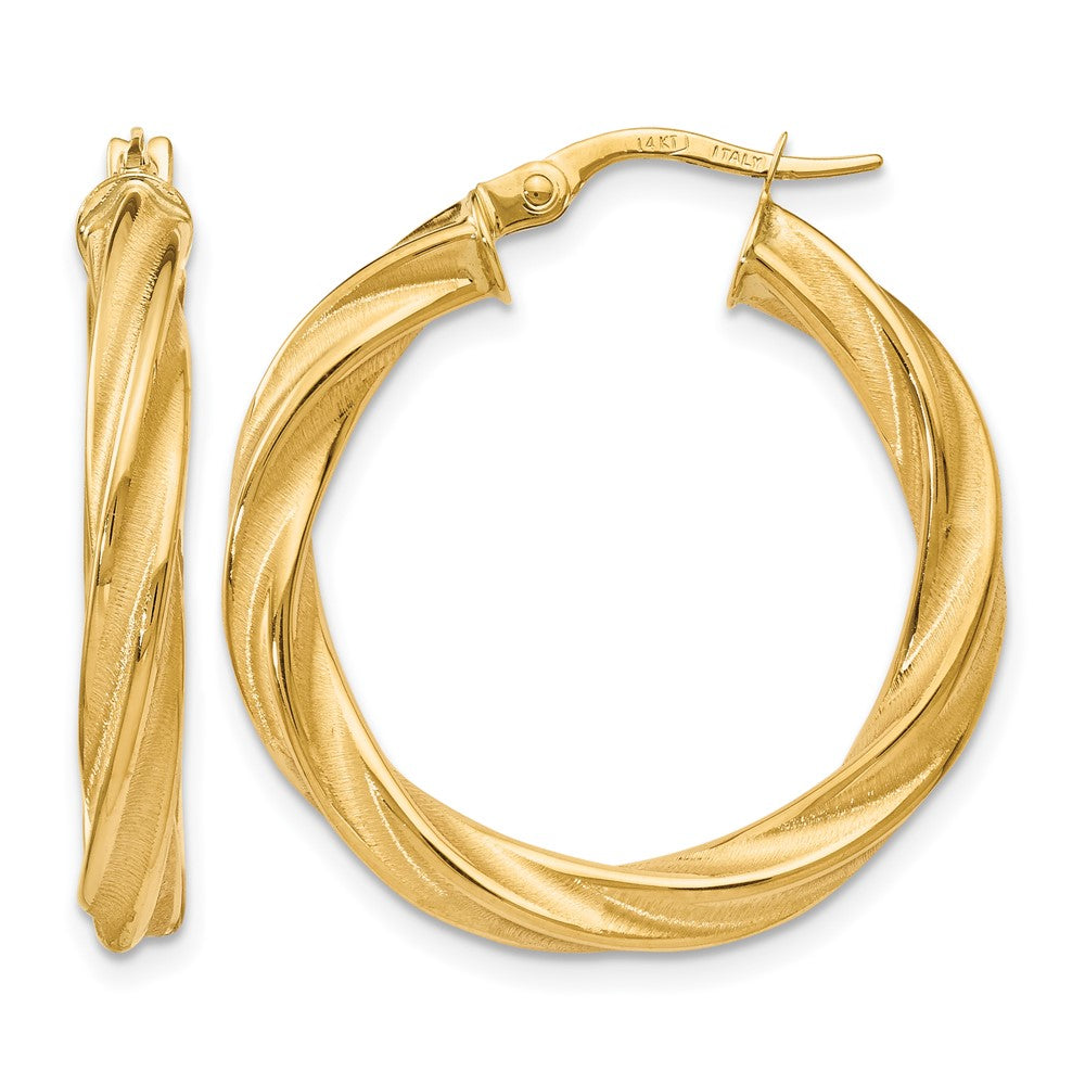 14K Polished Scratch-finish Twisted Hoop Earrings, 28 x 27 mm