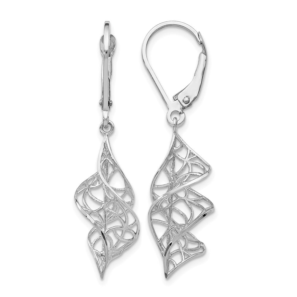 14K White Gold Textured Leverback Earrings, 40 x 10 mm