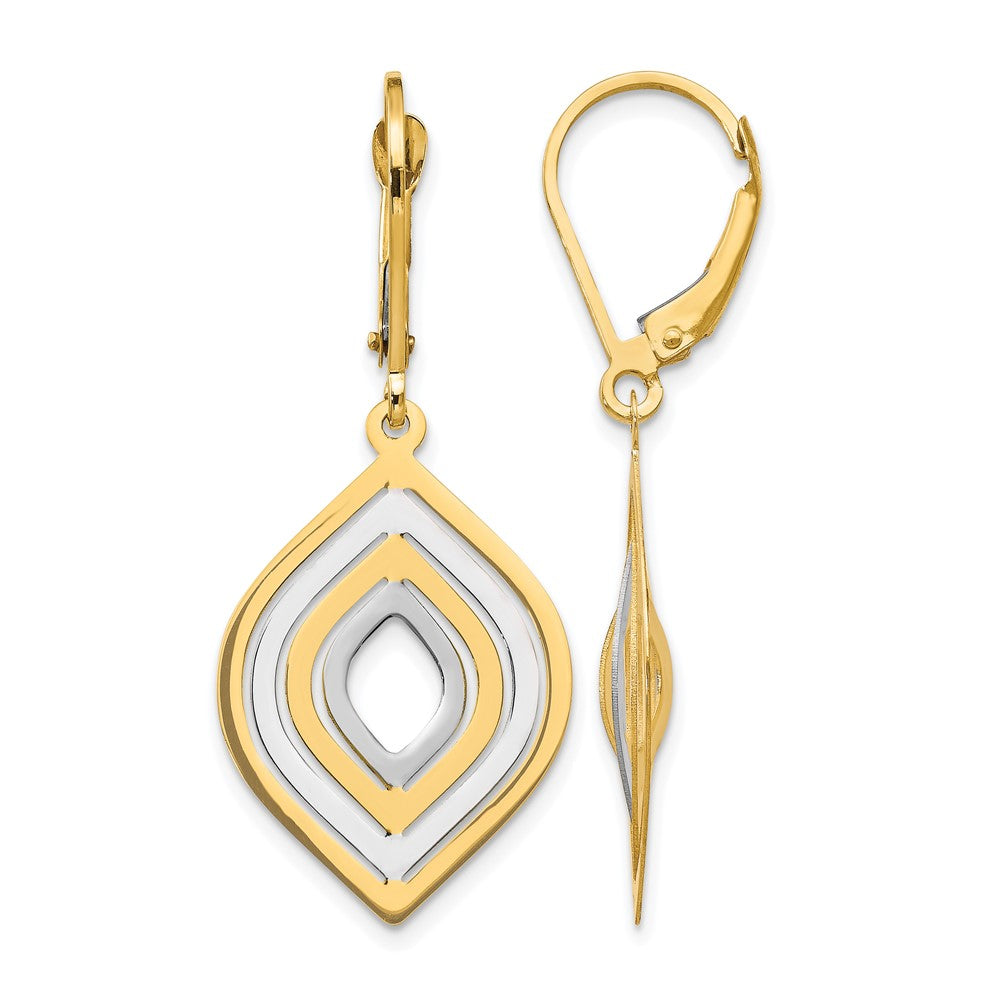 14K with Rhodium Polished Leverback Earrings, 34 x 16 mm